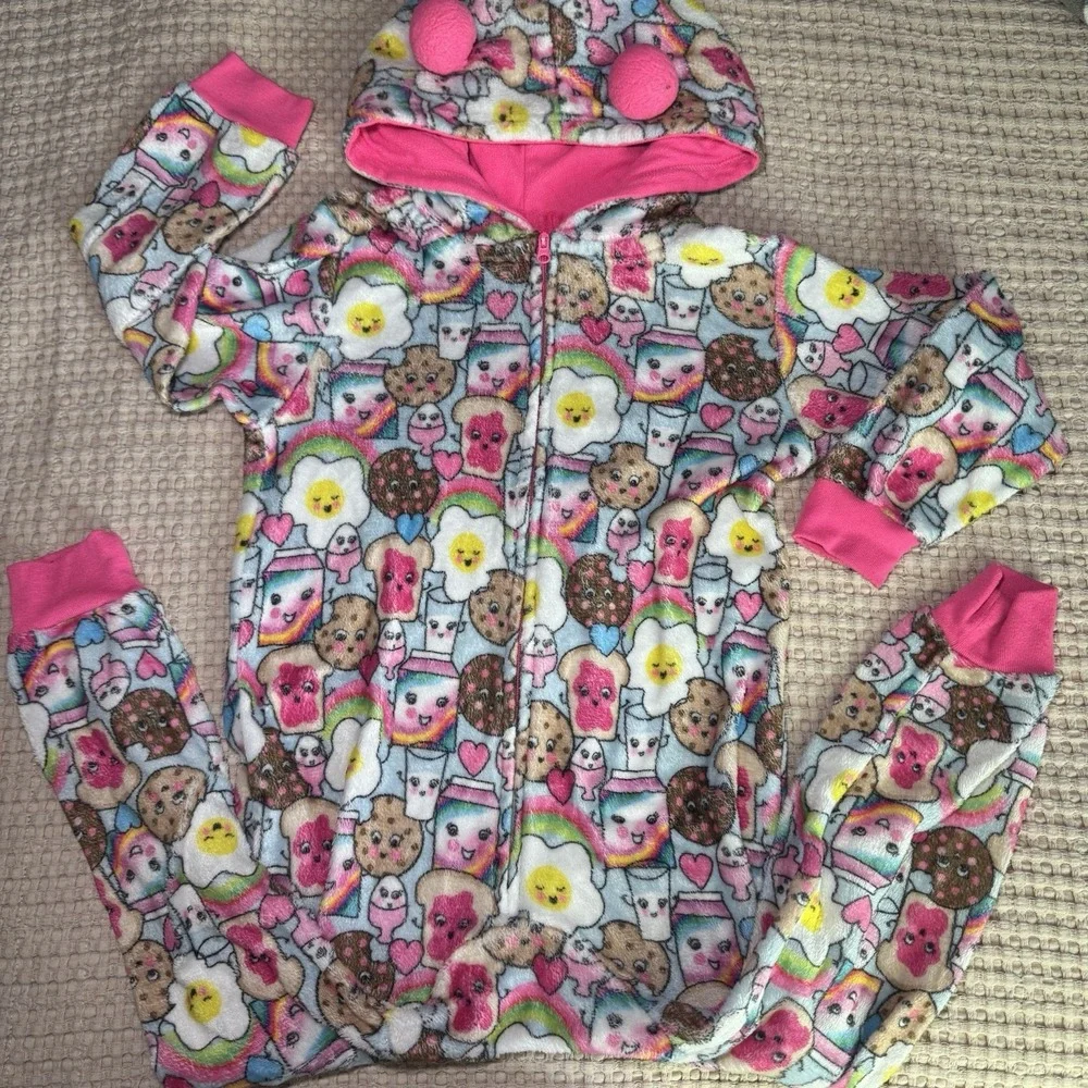 PJ Place Girls Plush Food Print Hooded One Piece Pajamas Size 5/6 Breakfast